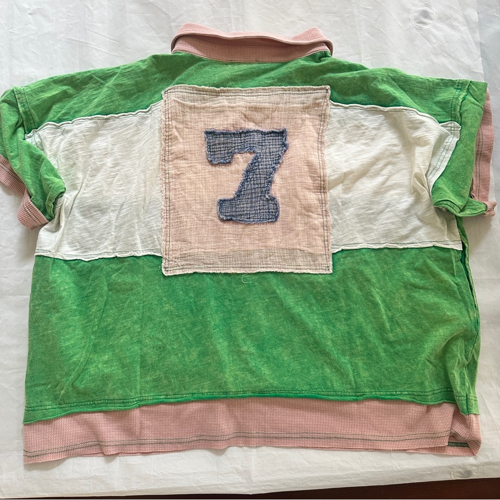 Oli & Hali washed patch varsity collar Green Pink Patchwork Jersey Top - Picture 5 of 8